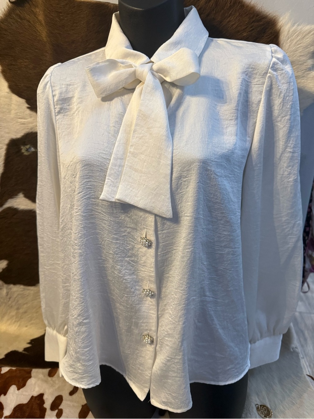 Zara Ivory Bow-Tie Blouse with Pearl Cluster Buttons